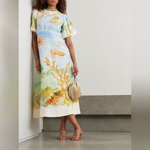 Alemais + Sam Pauletto Emerald Cove gathered printed linen-gauze midi dress